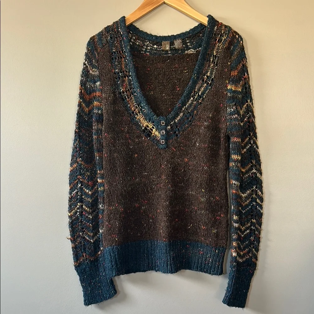 BKE Multicolor Loose Knit Deep V-Neck Henley Sweater Sz‎ L